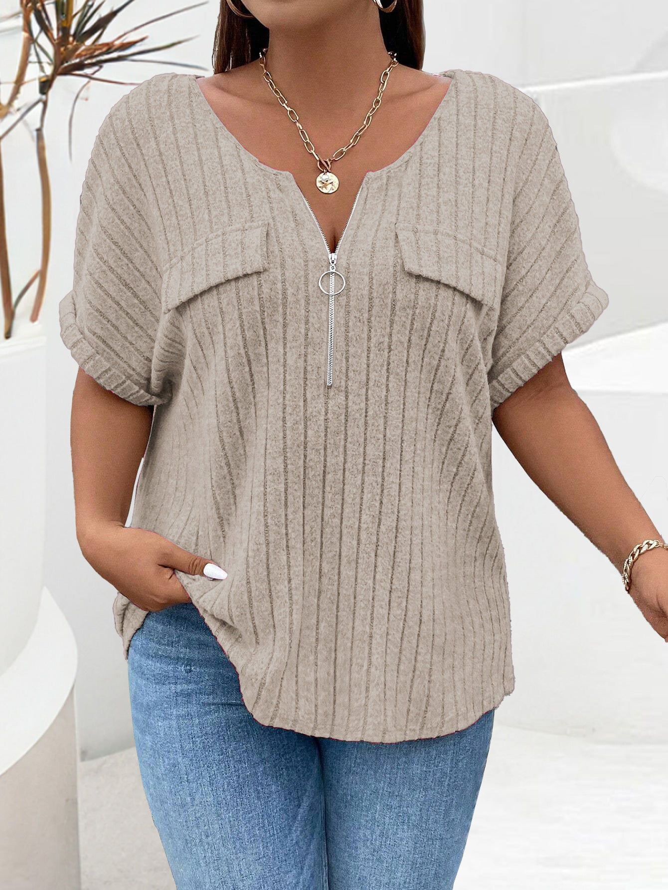 Solid-color Plus-size Top With Zipper Short Sleeves And Faux Pockets NorixaFashion.com