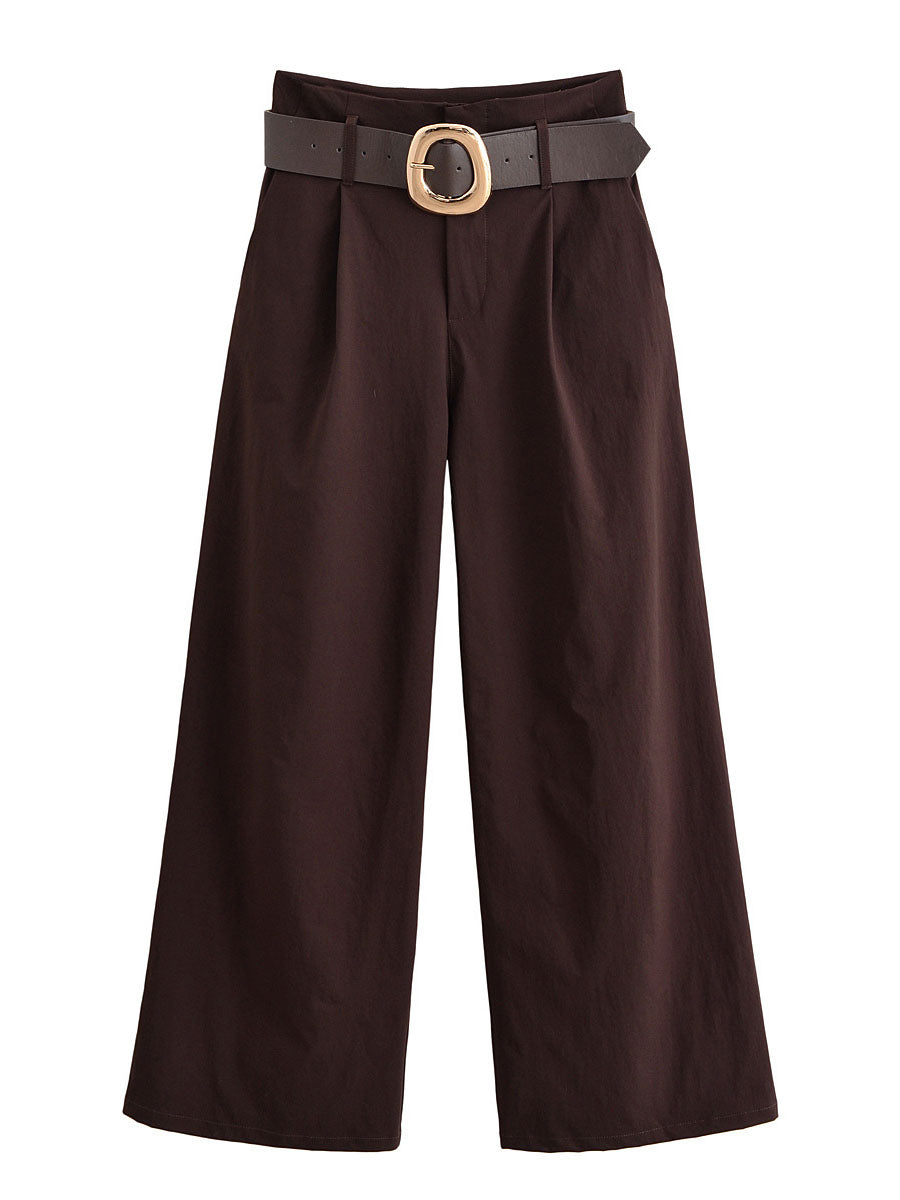 Chocolate Brown High-Waisted Wide-Leg Trousers With Belt NorixaFashion.com