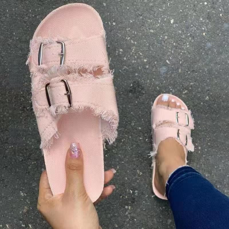 Casual Solid Canvas Buckle Denim Flat Slippers LadyShow.Store