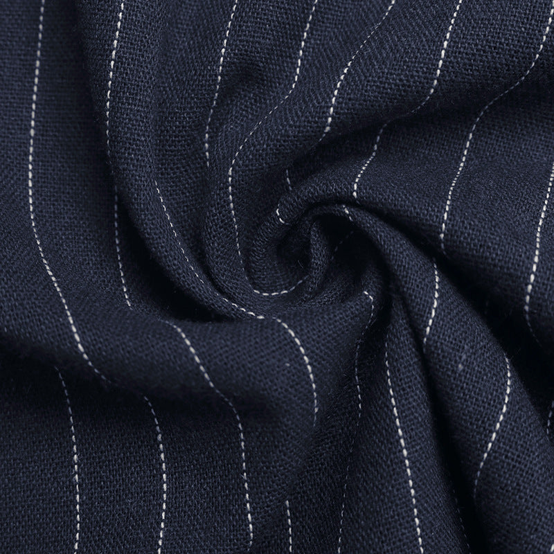 Navy Pinstripe Halter V Neck Button Front Wide Leg Jumpsuit NorixaFashion.com