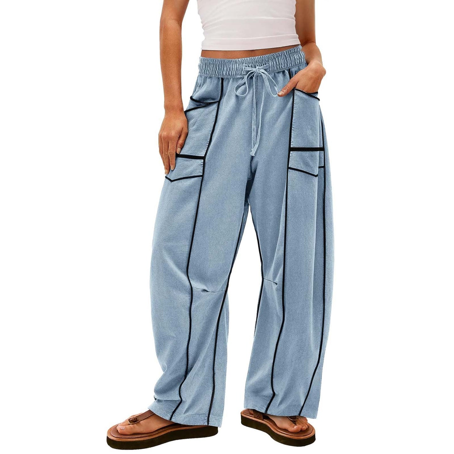 Y2K Black Striped Wide-leg Pants With Pockets Fashion Loose Drawstring Trousers Sports Sweatpants Women's Clothing LadyShow.Store