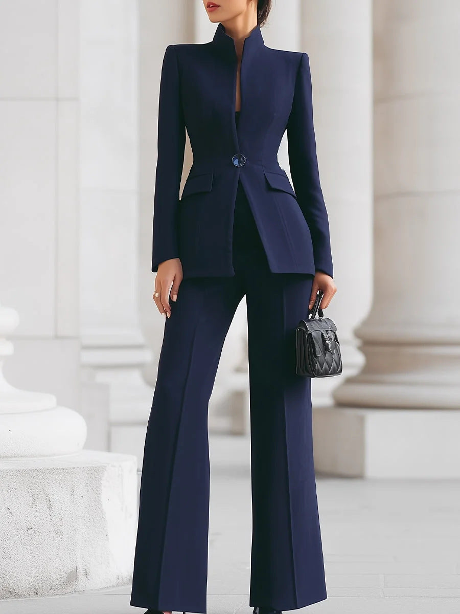 2026 European And American Women's Fashion Independent Long-Sleeve Solid Color Pocket Single-Button Blazer And  Long Suit Pants Two-Piece Set NorixaFashion.com