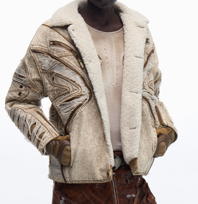 Ravaged And Distressed Apricot Lambswool Denim Jacket LuxuryLifeWay Online Store