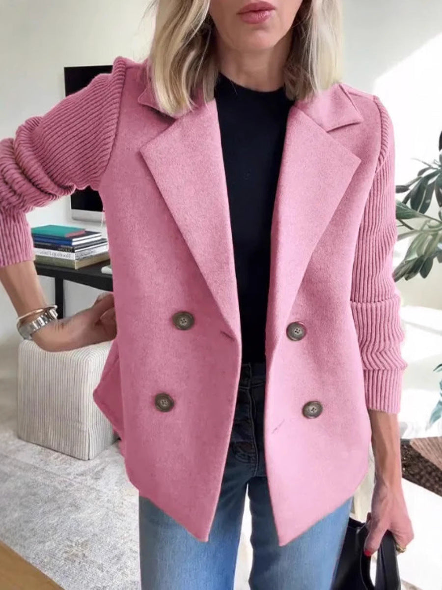 Double Breasted Lapel Jacket Fashion Knitted Sleeves Splicing Design Coat Outerwear Women's Clothing Best YouTube Store
