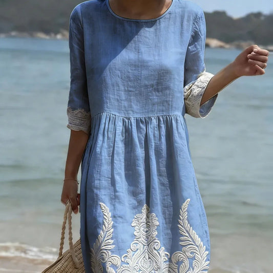 Women's Plant And Flower Print Round Neck Linen Blend Mid-Length Dress LadyShow.Store