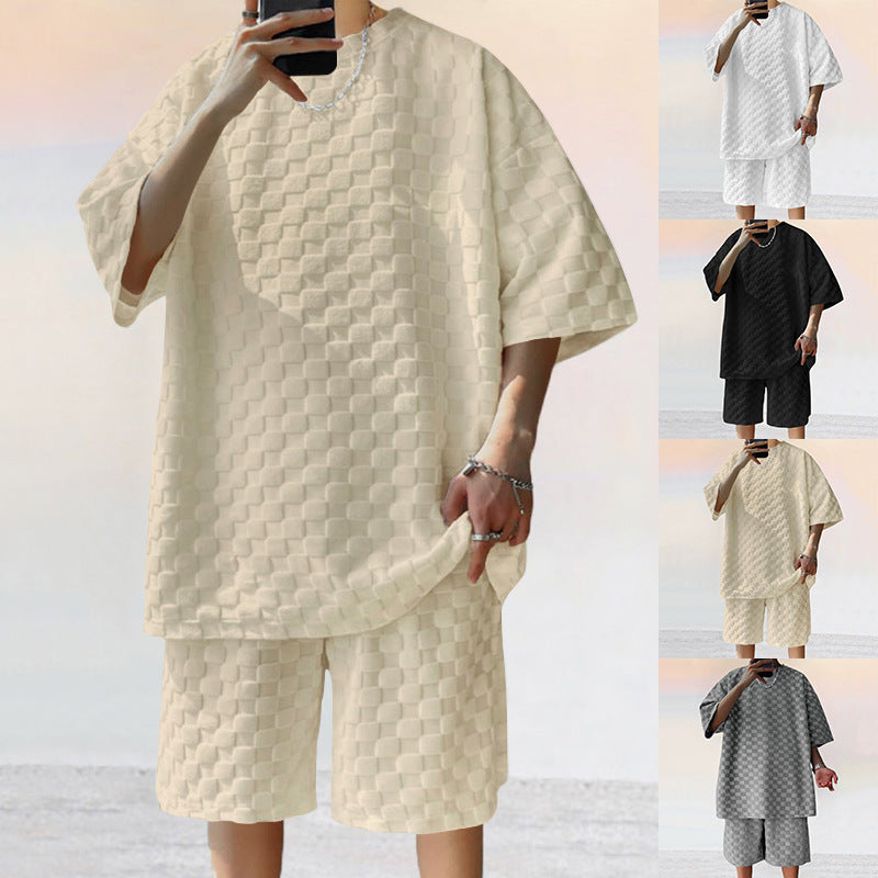 Jacquard Plaid Loose Straight Casual Shorts Suit NorixaFashion.com