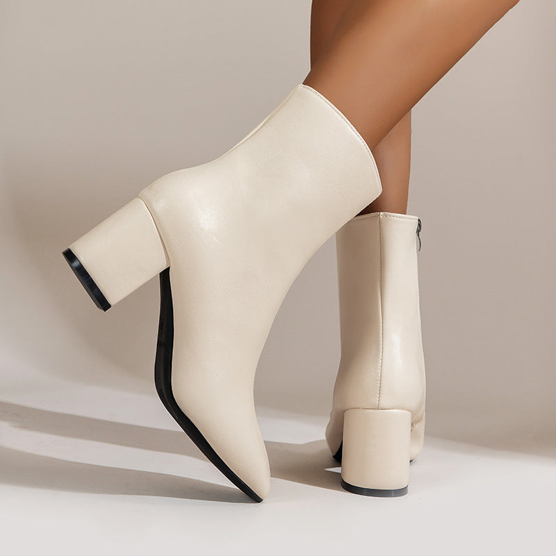 Chunky Heel Pointed Toe Boots With Side Zipper Fashion Mid-calf Boot For Women Shoes LadyShow.Store