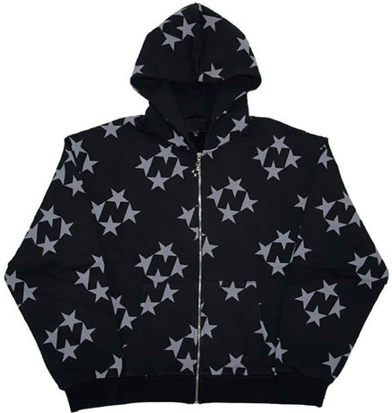 Stars Printed Zipper Hooded Cardigan Couple Fashion Outerwear Hoodies Sweatshirt Street Men Women Coat LadyShow.Store