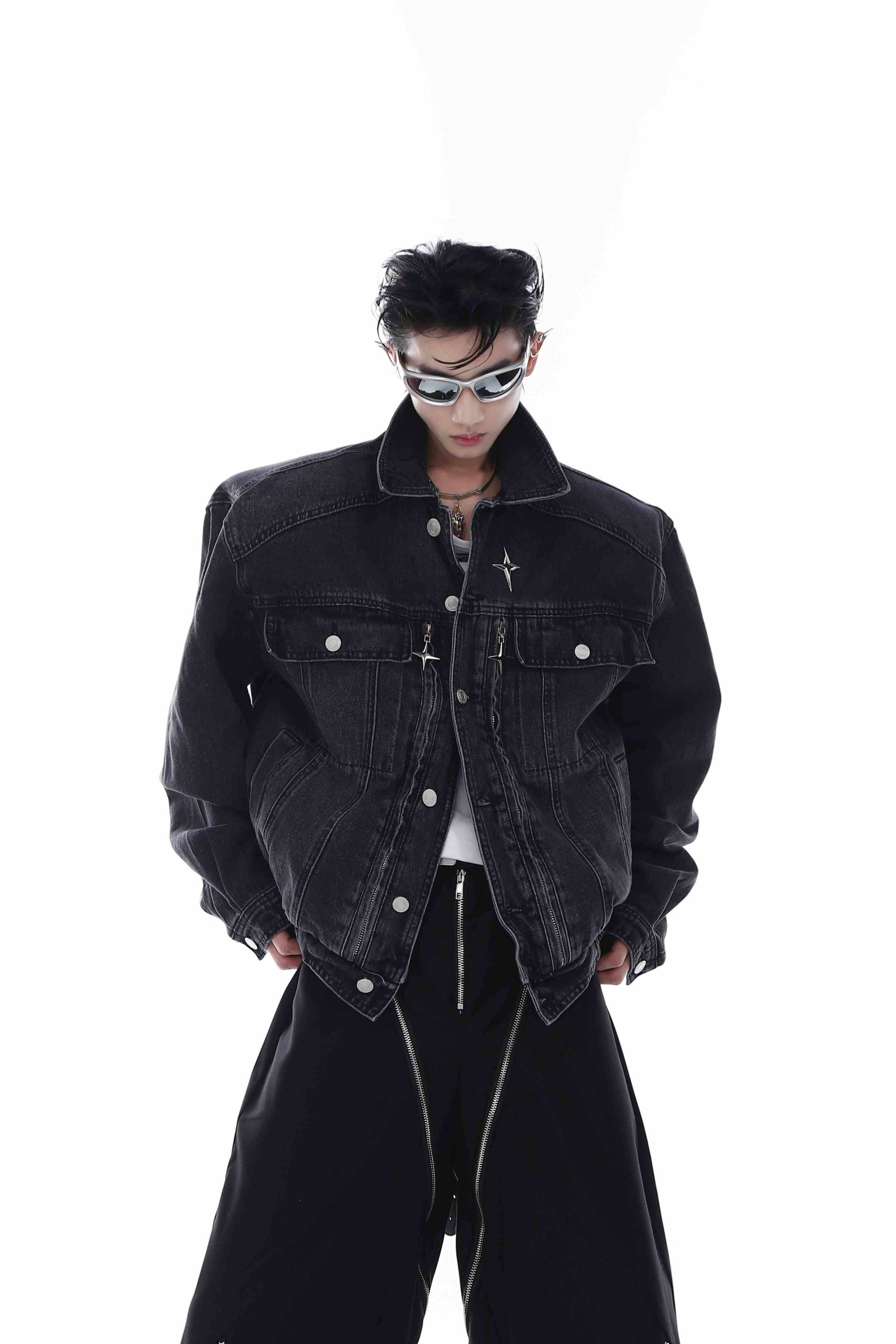 Heavy Washed Padded Shoulder Denim Coat Metal Zipper Jacket LuxuryLifeWay Online Store