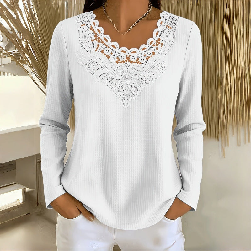New Lace-panel Womens Long-sleeve Top NorixaFashion.com