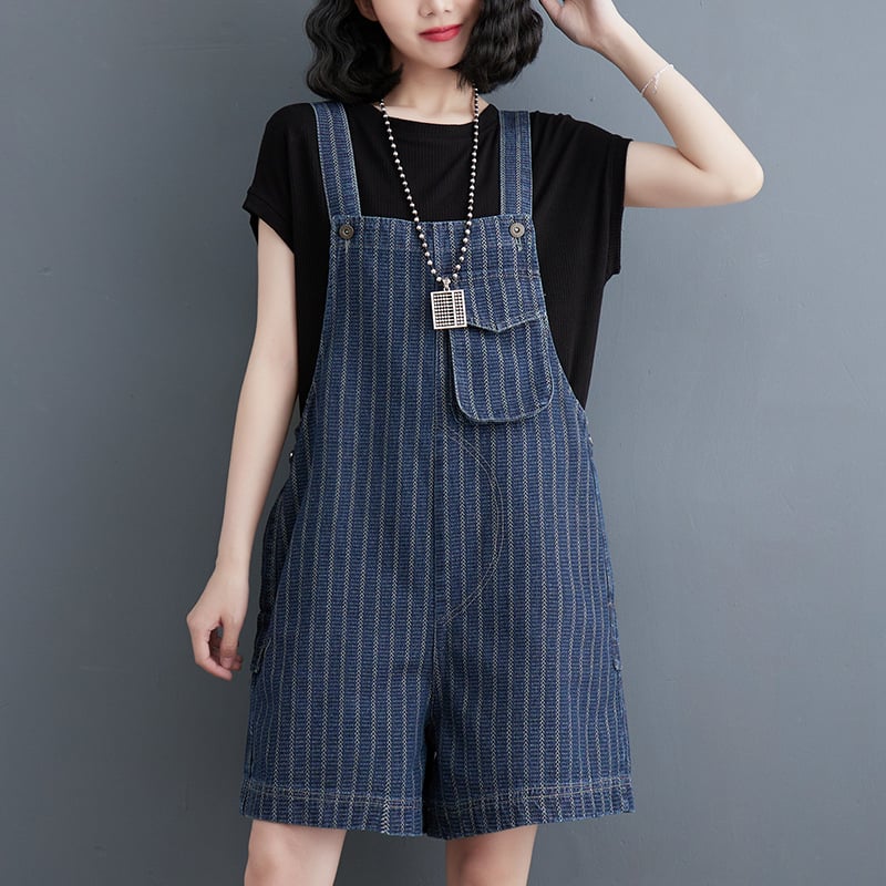 "Summer Women's Large Vertical Stripe Denim Strap Shorts" Pi-Mart