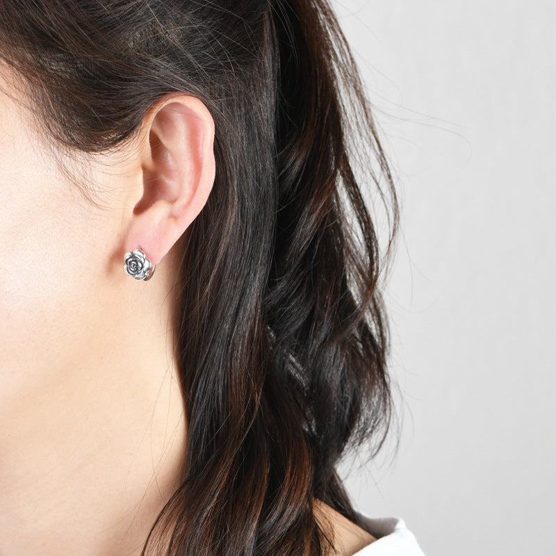 S925 Silver Vintage Distressed Rose Earrings LadyShow.Store