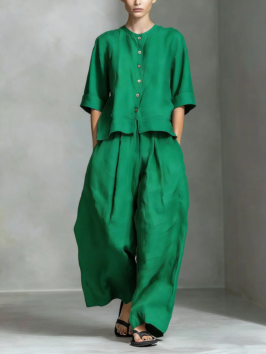 Solid-color Cotton-linen Shirt And Loose-fitting Trousers Two-piece Set NorixaFashion.com