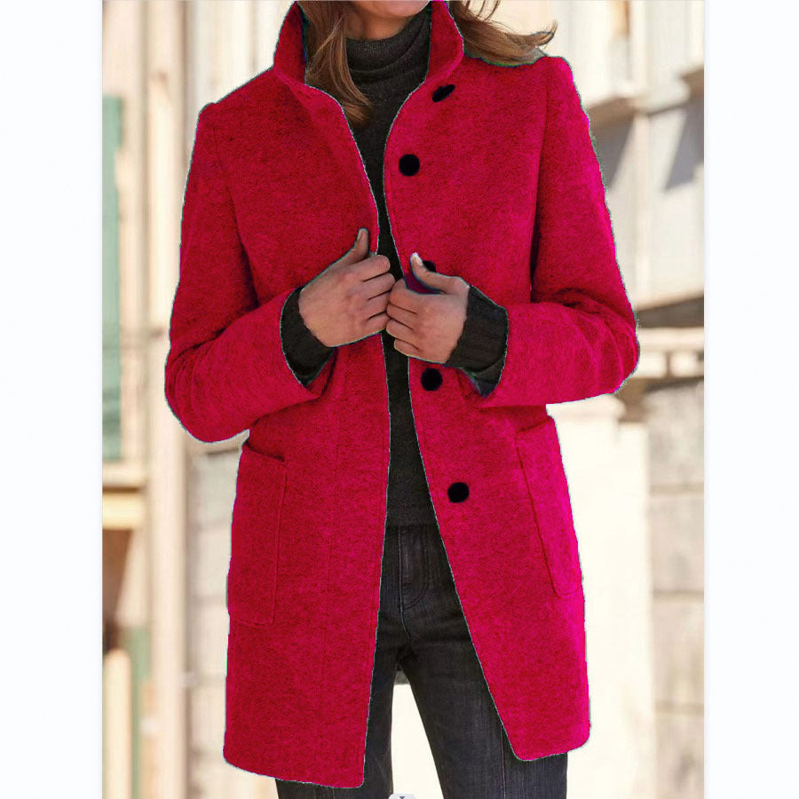 Women's Stand Collar Woolen Coat - Slim Fit Fall and Winter Button Front Trench Coat with Pockets Best YouTube Store