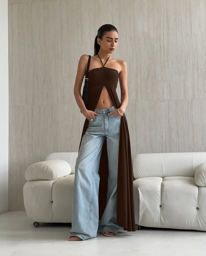 Halter-neck Sleeveless Strapless High Slit Dress NorixaFashion.com