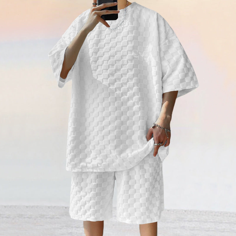 Jacquard Plaid Loose Straight Casual Shorts Suit NorixaFashion.com