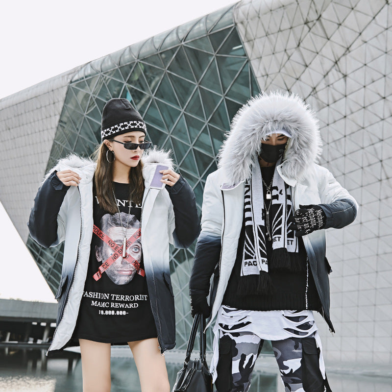 Gradient Cotton Jacket with Large Fur Collar for Couples Pi-Mart