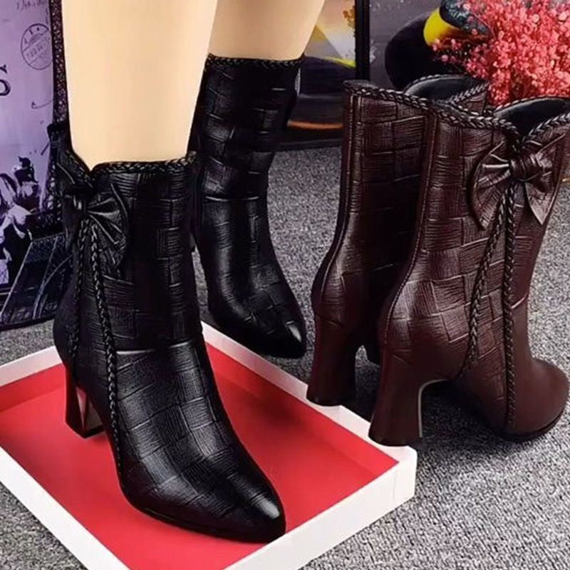 New Fallwinter Velvet Lined Fashion Leather Boots Mid Calf High Heeled Boots LadyShow.Store