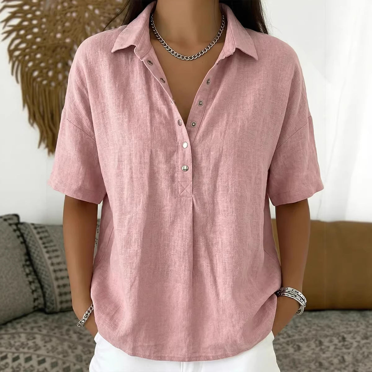 Summer Short-sleeved Shirt Button Pullover Top Fashion Casual Women's Clothing NorixaFashion.com
