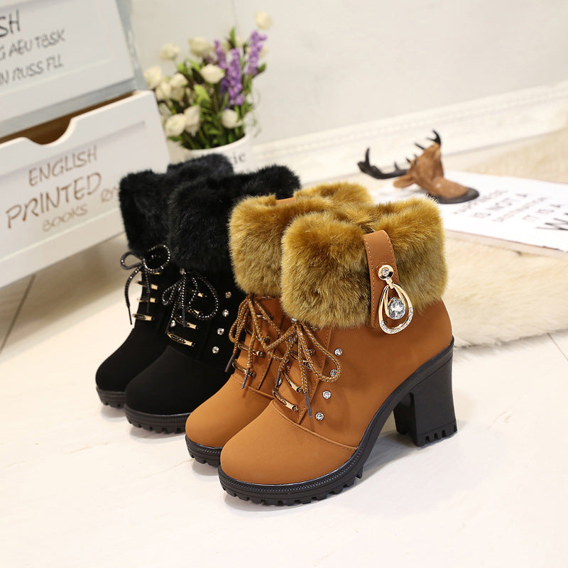 Plush Martin Boots With Lace Up High Heels LadyShow.Store