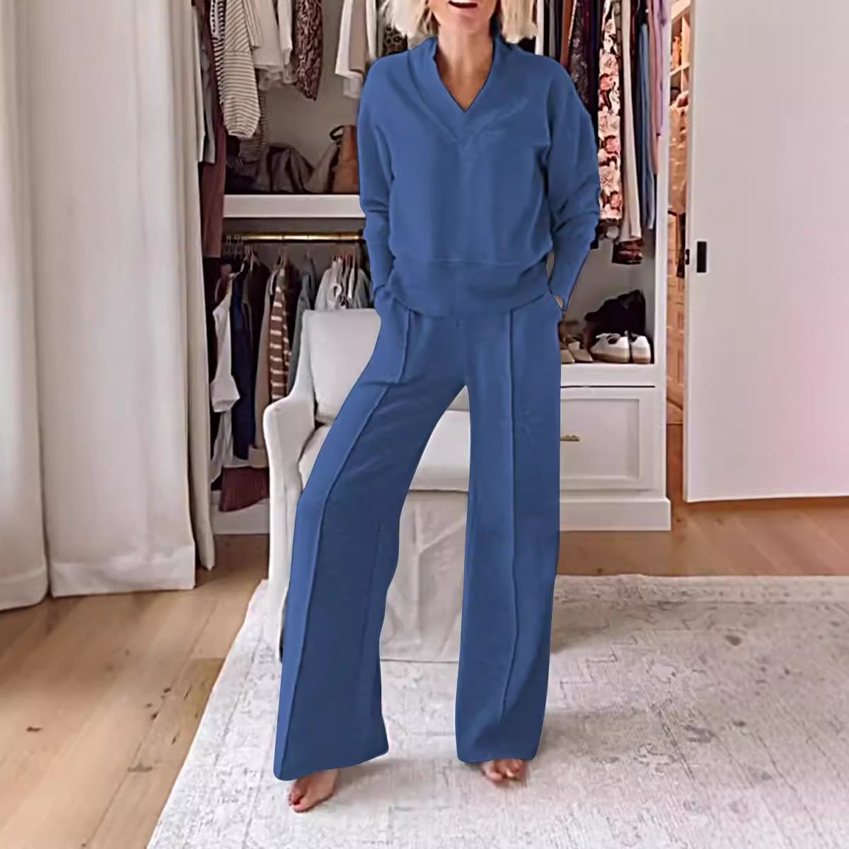 V-neck Long Sleeve Loose Top Wide Leg Pants Two-piece Set NorixaFashion.com
