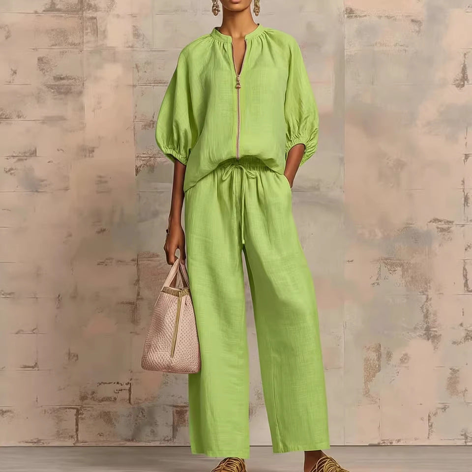Solid-color Casual Loose-fitting Zip-up Sweatshirt And Straight-leg Pants Set NorixaFashion.com