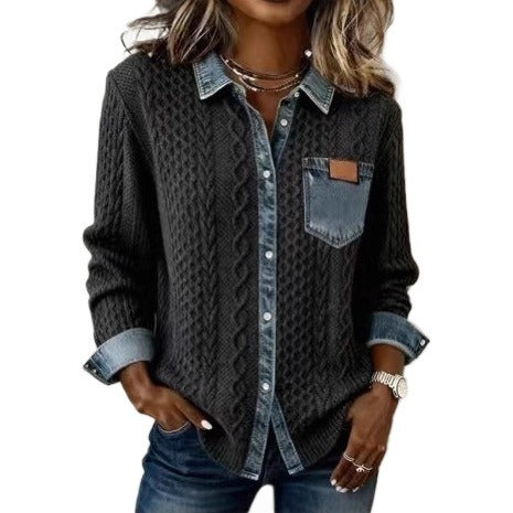 Women's Fashion Knit-and-jean Patchwork Shirt For Fall And Winter LadyShow.Store