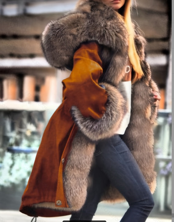 Long-sleeved Oversized Coat With A Fur Collar And Hood NorixaFashion.com