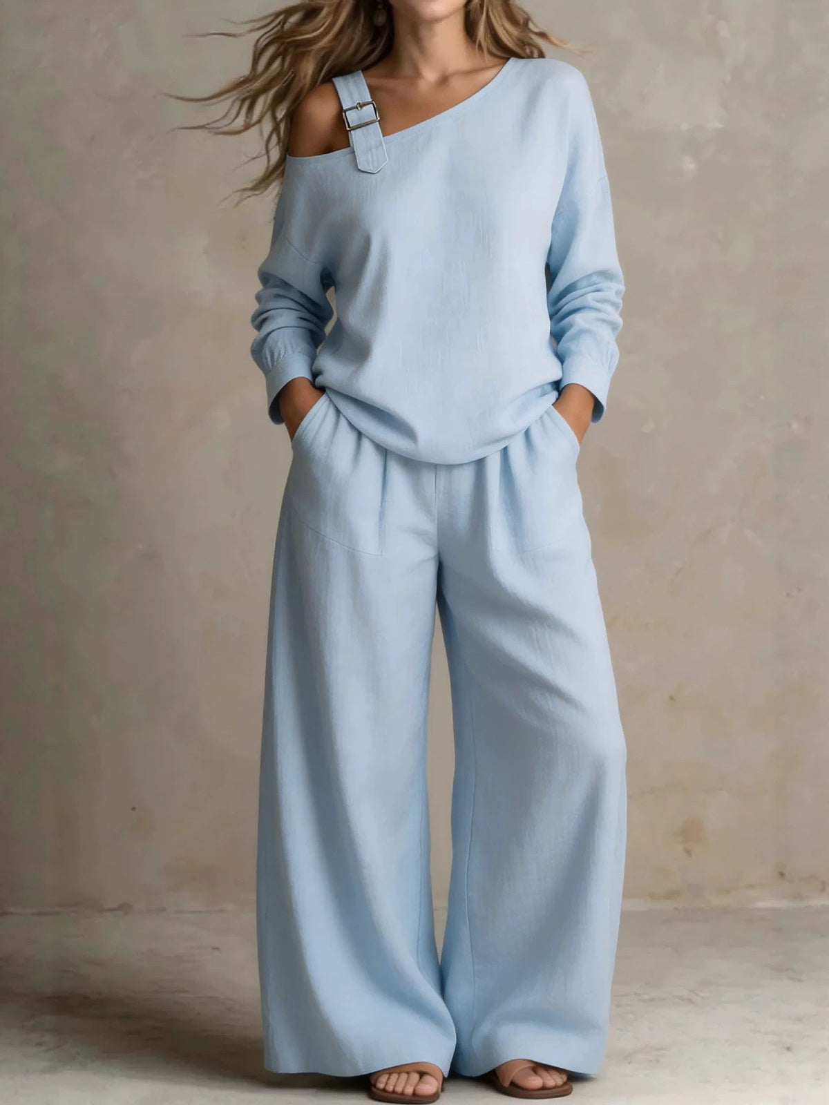 2026 Site Hot-Selling Women's Casual Loose Fashion One-Shoulder Linen Blend Two-Piece Set NorixaFashion.com