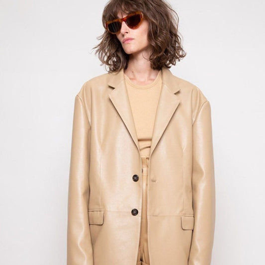 Women's Protein Leather Loose Profile Long-sleeved Cardigan Casual Jacket Best YouTube Store