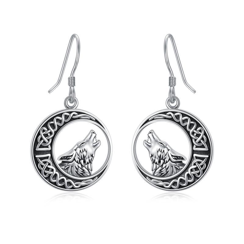 Wolf Celtic Moon Dangle Drop Earrings in Sterling Silver LadyShow.Store