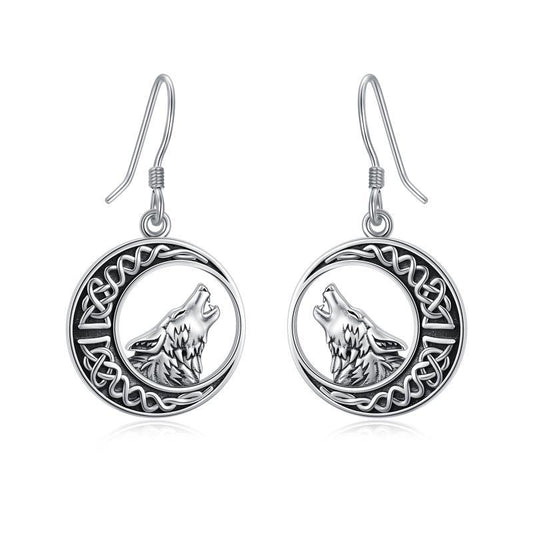 Wolf Celtic Moon Dangle Drop Earrings in Sterling Silver LadyShow.Store
