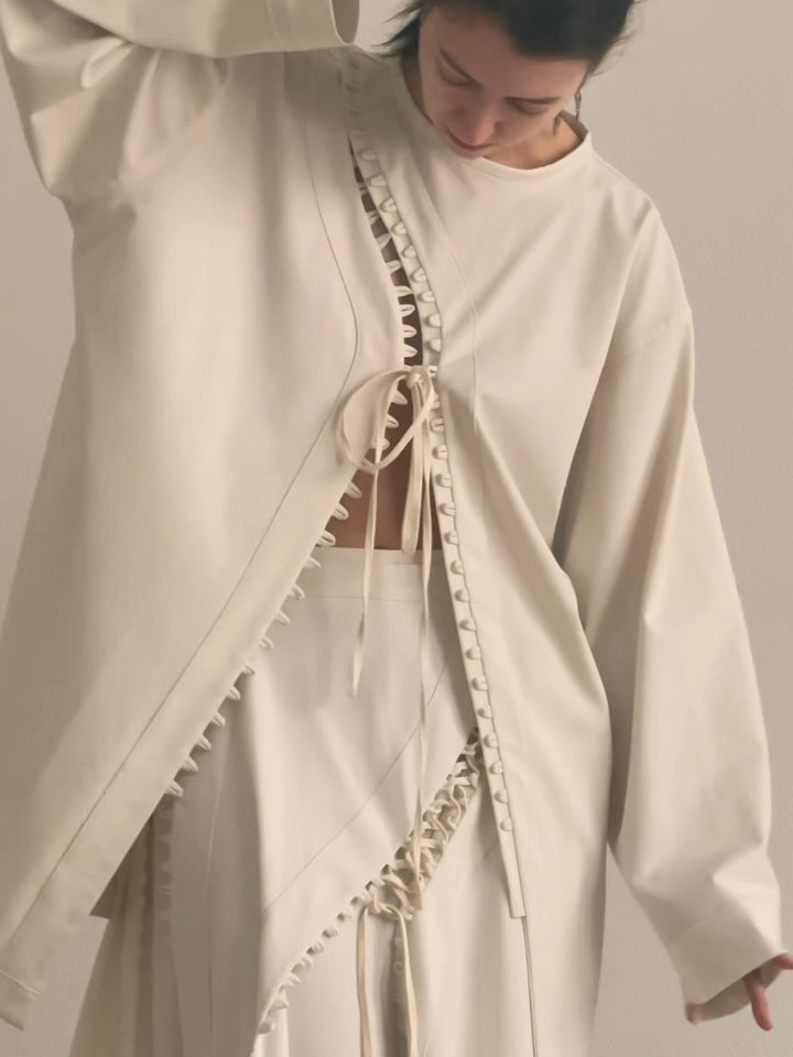 Cream Lace-Up Detail Top And Asymmetric Maxi Skirt Set NorixaFashion.com