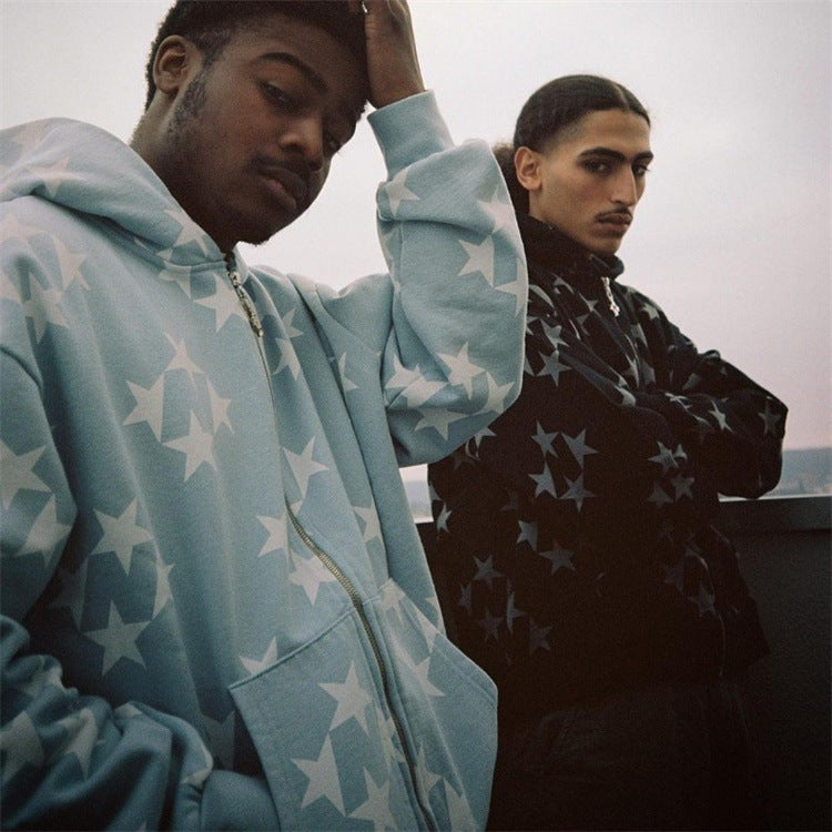 Stars Printed Zipper Hooded Cardigan Couple Fashion Outerwear Hoodies Sweatshirt Street Men Women Coat LadyShow.Store