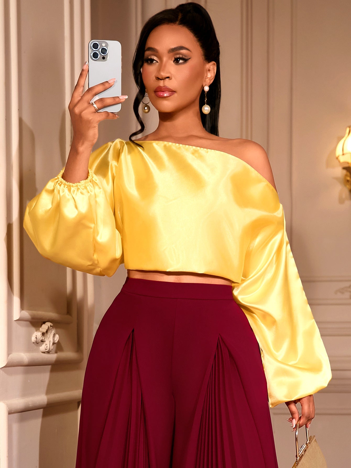 One Shoulder Balloon Puff Sleeve Cropped Blouse NorixaFashion.com
