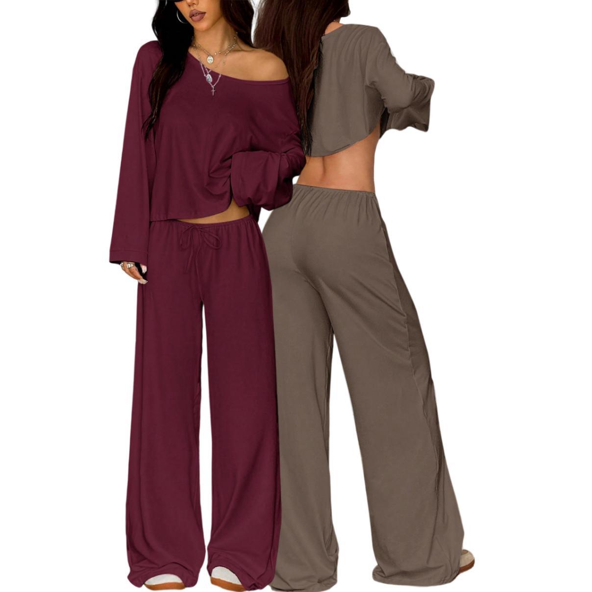 Womens Solid-Color Casual Off-the-Shoulder Long-Sleeve Pants NorixaFashion.com