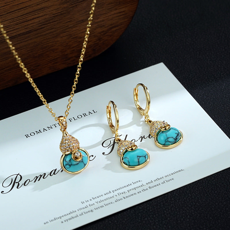 Retro Affordable Luxury Fashion Turquoise Gourd Earrings Premium Earrings And Necklace Set LadyShow.Store