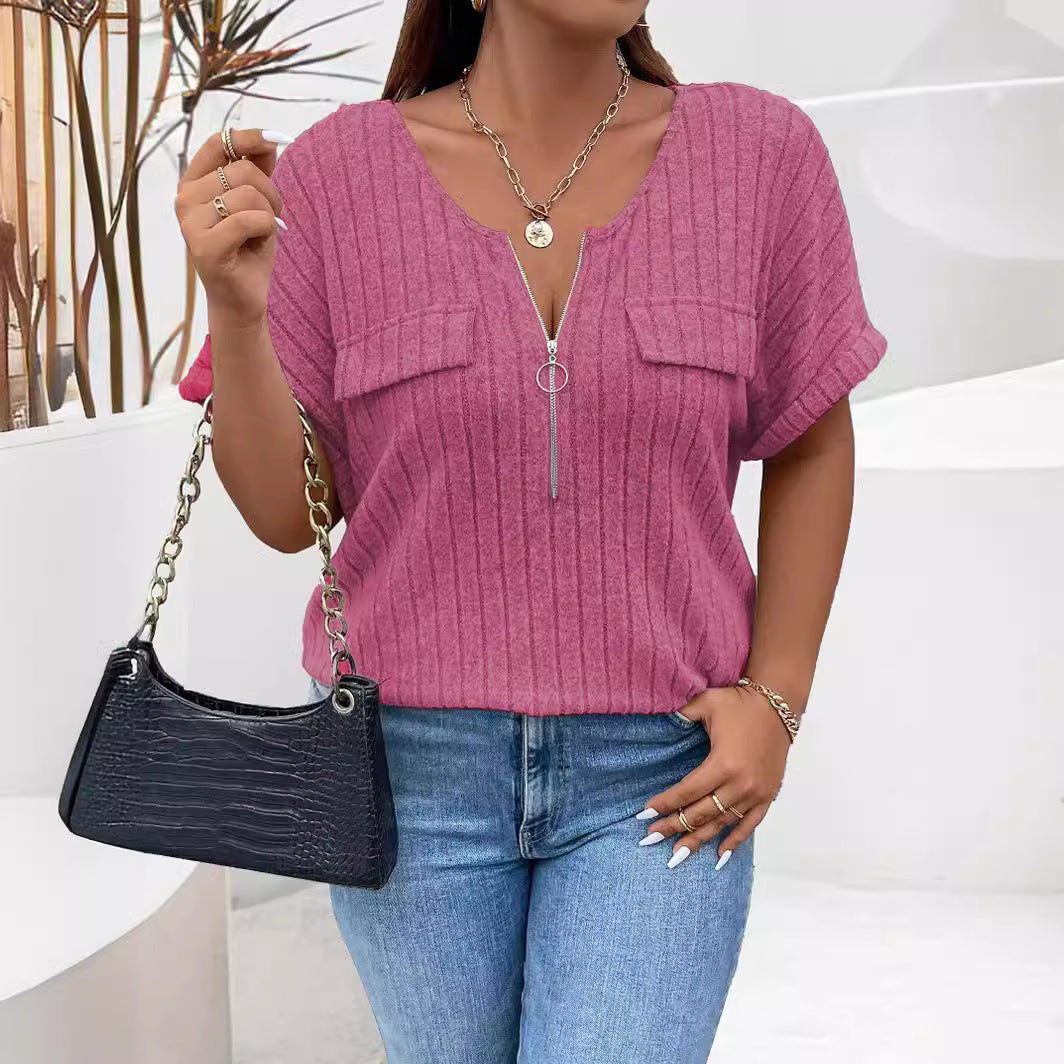 Solid-color Plus-size Top With Zipper Short Sleeves And Faux Pockets NorixaFashion.com