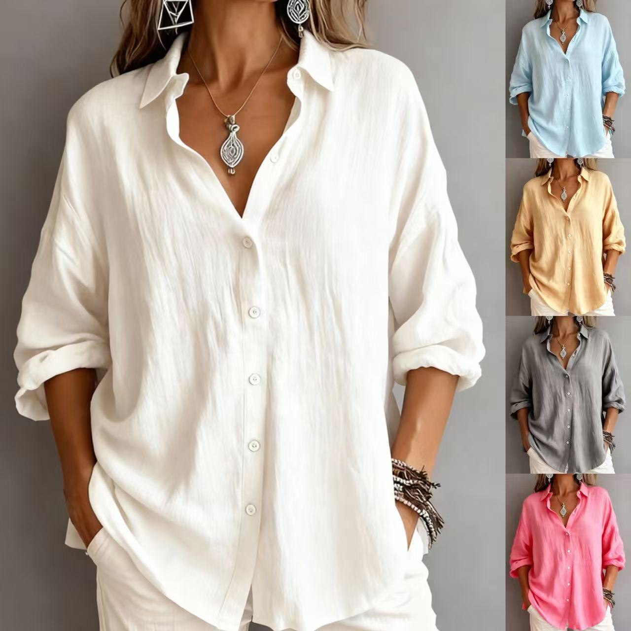 Fashionable Solid-color Long-sleeve Lapel Cardigan Shirt NorixaFashion.com