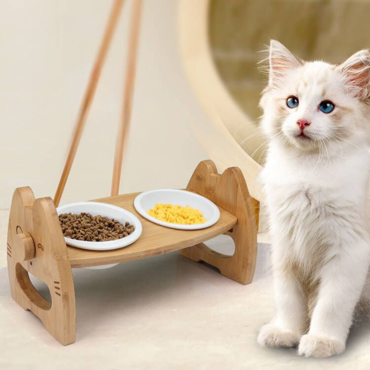 Pet Bowl Ceramic Double Bowl Wooden Stand Neck Protection Dog Cat Food Basin Height Adjustable Tilt Separate Bowls Pet Accessori Pets Fashion