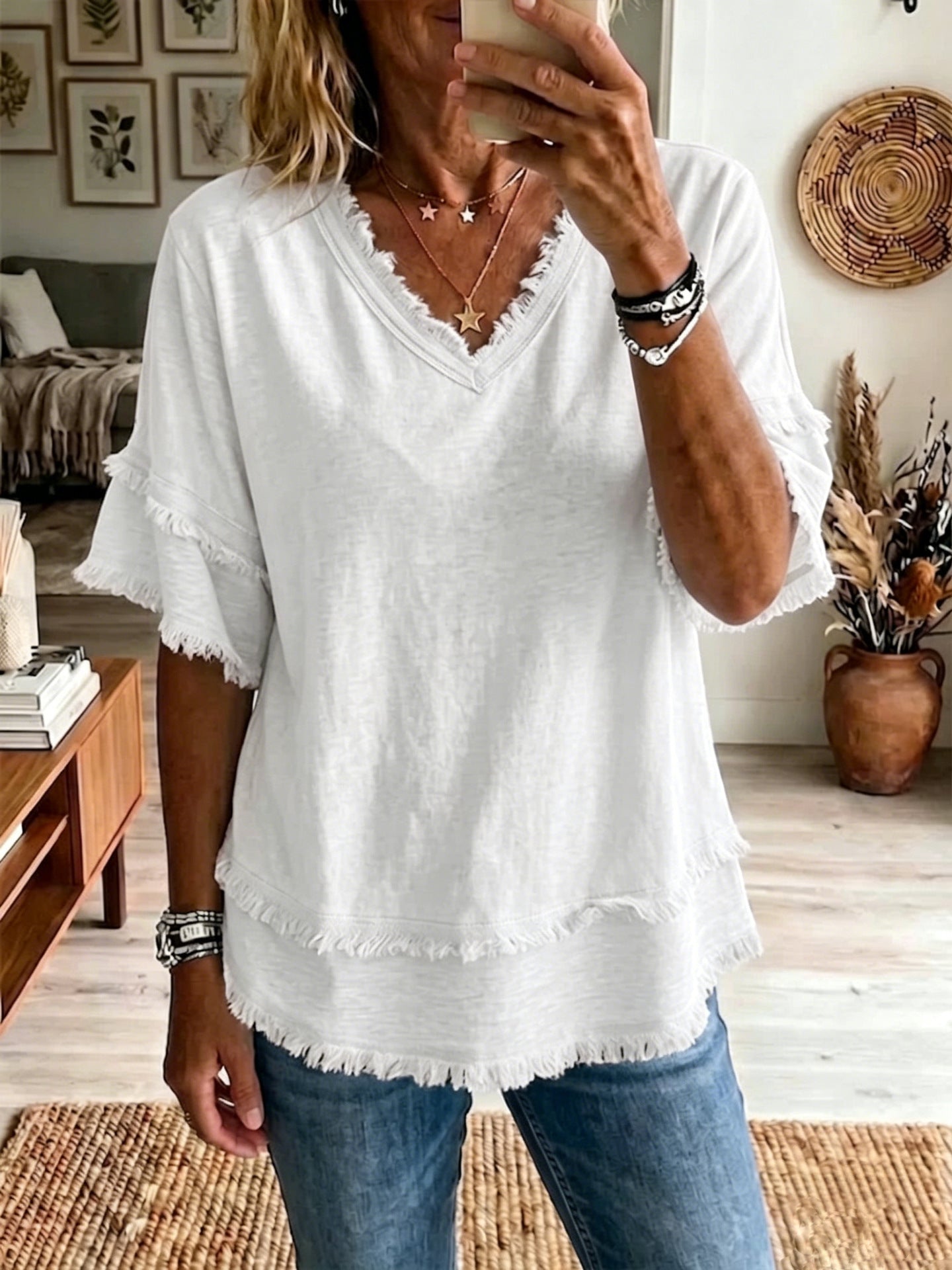 Casual Women's Shirt V-Neck Short Sleeve Loose Fit Pure Color Summer Fashion Trend Pullover Tops For Daily Wear LadyShow.Store