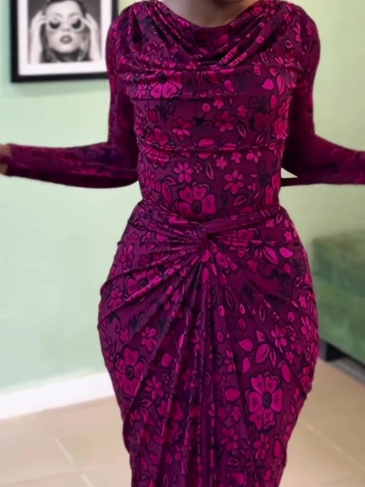 Fuchsia Floral Print Cowl Neck Waist-Cinched Asymmetrical Maxi Dress NorixaFashion.com