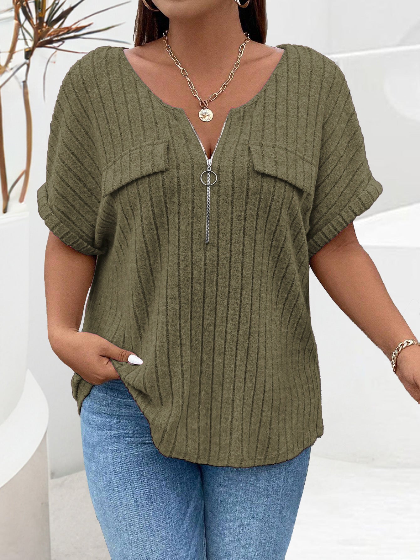 Solid-color Plus-size Top With Zipper Short Sleeves And Faux Pockets NorixaFashion.com
