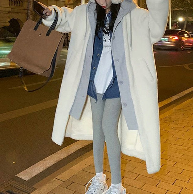 Long Hooded Dress Coat Lambswool All-match Loose Fashionable Jacket LuxuryLifeWay Online Store