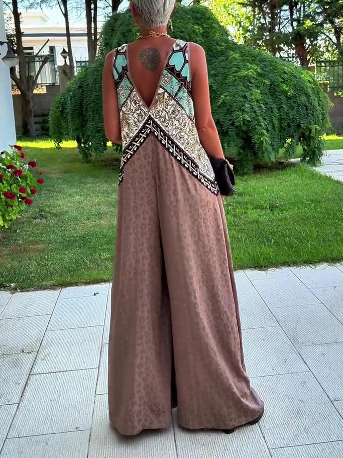 Ethnic Print Paneled Sleeveless Wide-Leg Jumpsuit NorixaFashion.com