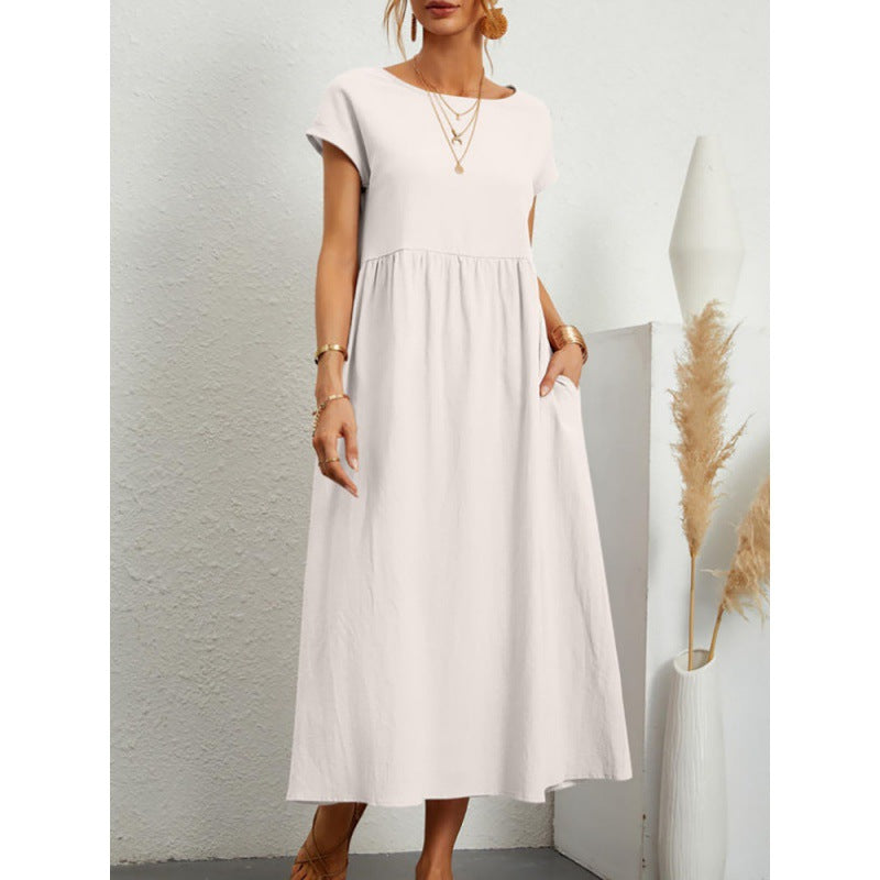 2026 New European And American Women's Round Neck Solid Color Pullover Comfortable Casual Dress NorixaFashion.com