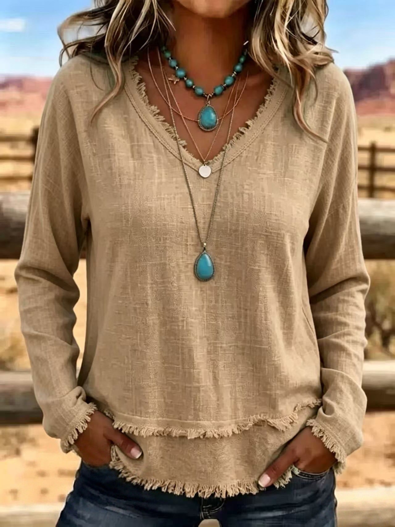 V-Neck Long Sleeve T-Shirt With Tassel Women's Loose Fit Casual Top For Daily Wear Clothing NorixaFashion.com