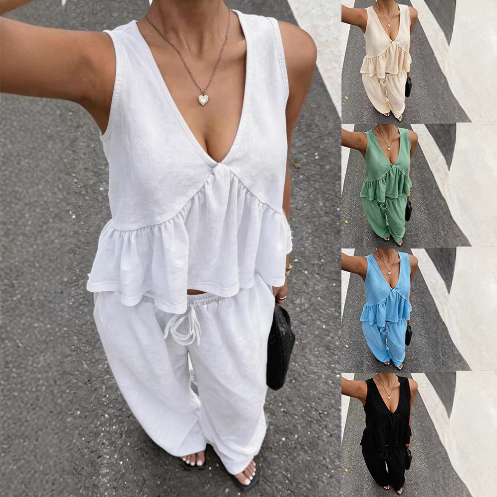 Women's Casual V-Neck Sleeveless Top And Pants Set NorixaFashion.com