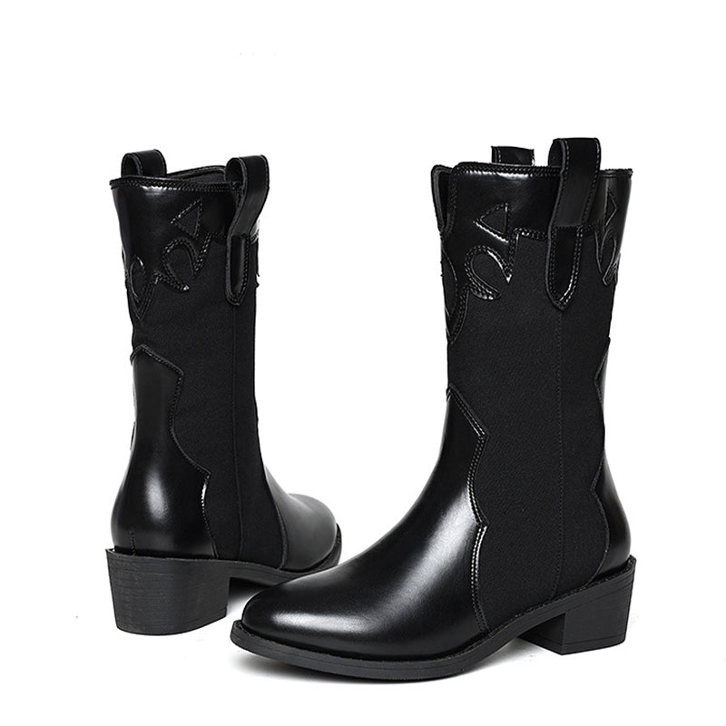Black White Cowboy Boots Women Low Heel Mid Calf Shoes LadyShow.Store