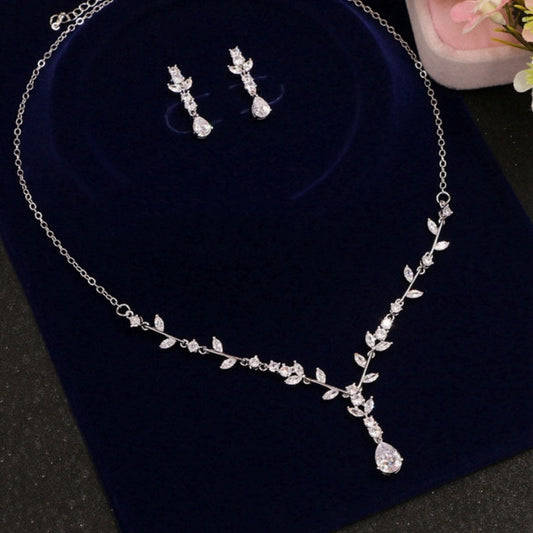 Simple Bridal Zircon Wedding Handmade Ornament Necklace And Earrings Suite LadyShow.Store